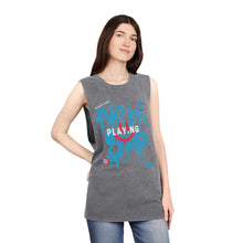 Load image into Gallery viewer, Unisex Stonewash "Never Stop Playing" Blue/Pink Tank Top