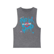 Load image into Gallery viewer, Unisex Stonewash "Never Stop Playing" Blue/Pink Tank Top