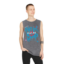 Load image into Gallery viewer, Unisex Stonewash &quot;Never Stop Playing&quot; Blue/Pink Tank Top
