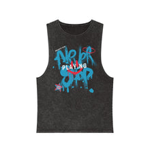 Load image into Gallery viewer, Unisex Stonewash &quot;Never Stop Playing&quot; Blue/Pink Tank Top
