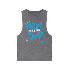 Load image into Gallery viewer, Unisex Stonewash &quot;Never Stop Playing&quot; Blue/Pink Tank Top
